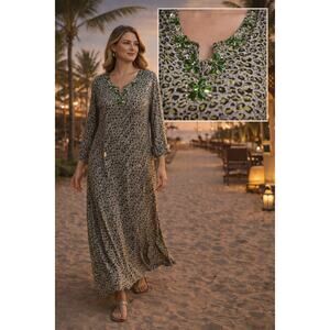 NWT Animal Print Maxi Dress Rhinestone Neck Resort Vacation Evening Medium